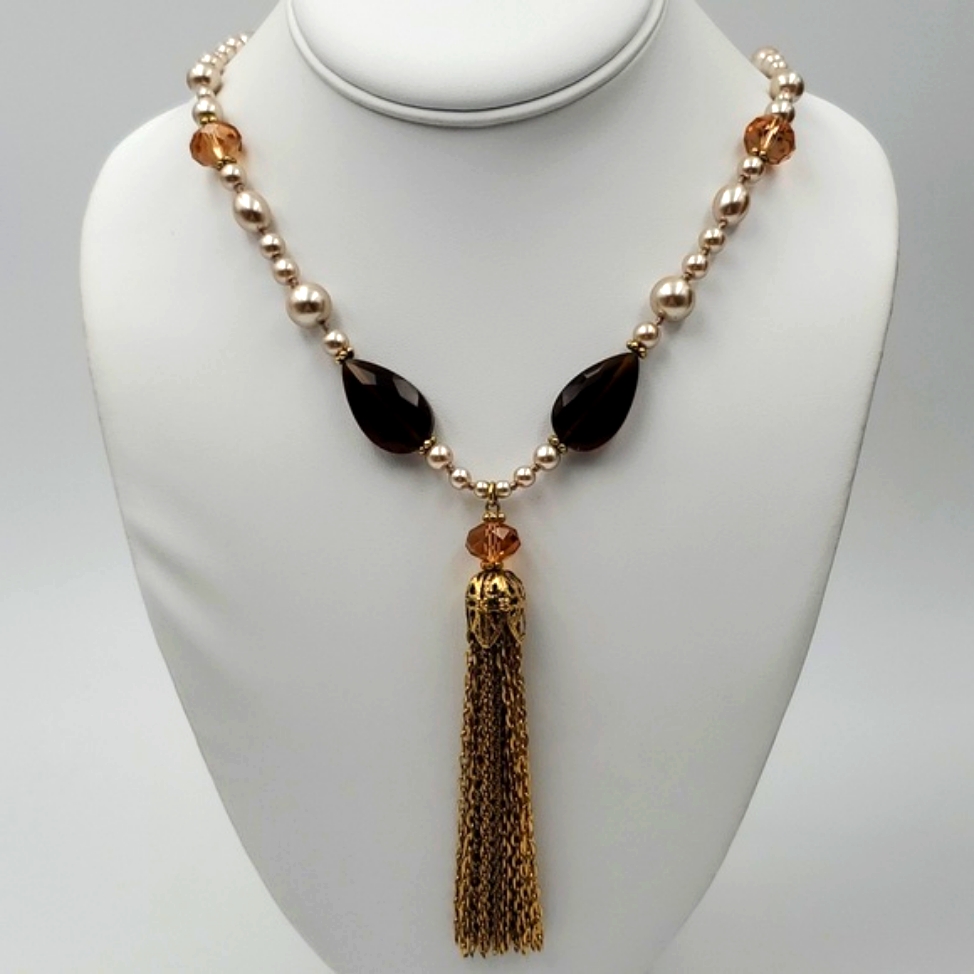 Carolee Champagne Pearls Gold Tassel Pendant Necklace 40$